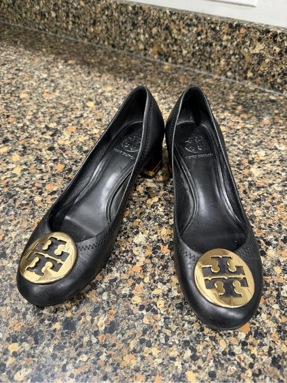 Tory Burch Black Leather Block Heel Ballet Pump with Gold Logo 6